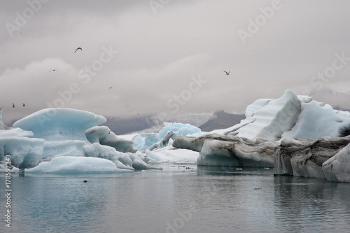 Panoramic Jokulsarlon  Typical Icelandic landscape  a wild nature of seals and icebergs  rocks and water.