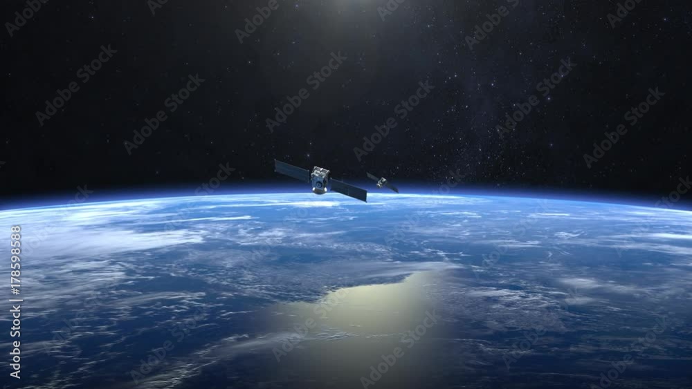 Two satellites scan and monitor the Earth. Satellites flying from camera far away quickly. The earth rotates slowly. 4K.