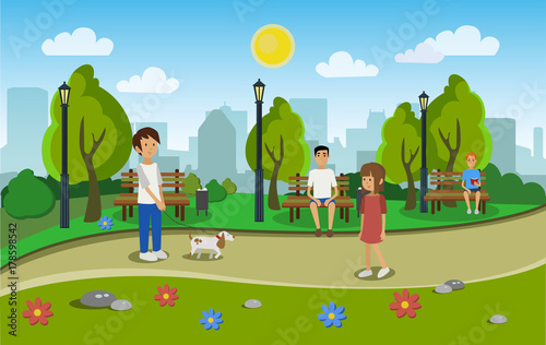 City park with people. Vector illustration.