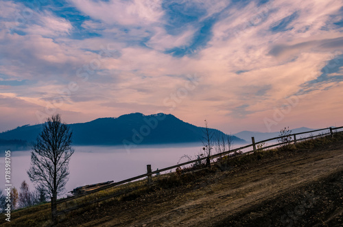 Foggy morning in the Ukrainian Carpathian Mountains in the autumn season