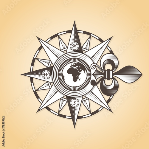 Vintage old antique nautical compass rose