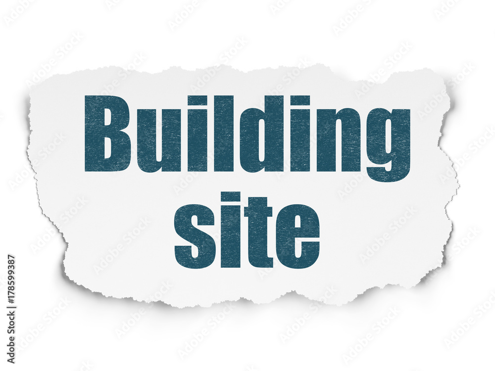 Building construction concept: Painted blue text Building Site on Torn Paper background with  Tag Cloud