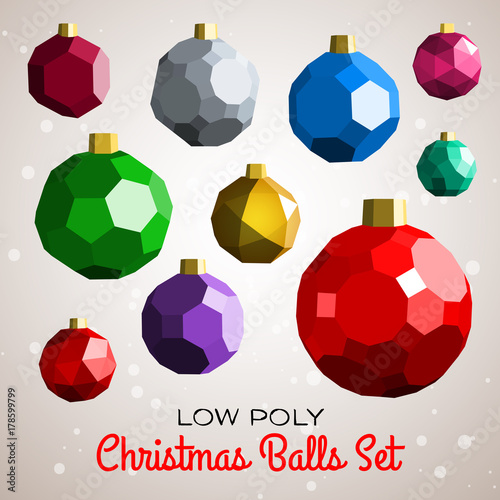 Low poly marry christmas balls set based on archimedian polyhedrons. Good for happy new year modern vector illustration, design concept, greeting card or poster.