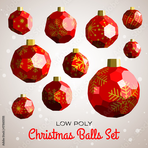 Low poly marry christmas balls set based on archimedian polyhedrons. Good for happy new year modern vector illustration, design concept, greeting card or poster. photo