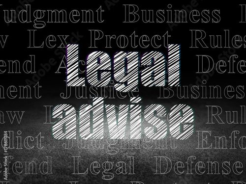 Law concept: Glowing text Legal Advise in grunge dark room with Dirty Floor, black background with  Tag Cloud photo