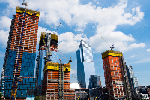 New York construction places. New buildings in process with Scaffolds