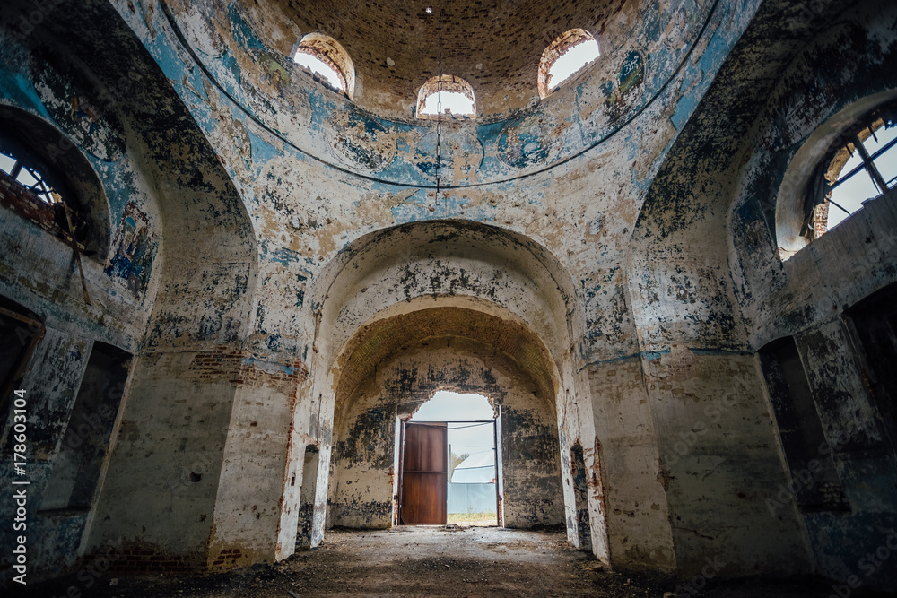 Abandoned church interior. Ruined abandoned Church of the Intercession of the Blessed Virgin Mary in Lipovka, Voronezh region