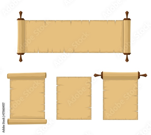 Blank old scrolls of papyrus paper set isolated on white background. Blank retro papyrus sheet in flat style, illustration of ancient parchment. Vector illustration