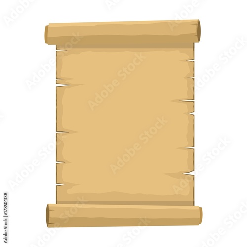 Blank old scroll of papyrus paper cartoon isolated on white background. Blank retro papyrus sheet in flat style, illustration of ancient parchment. Vector illustration