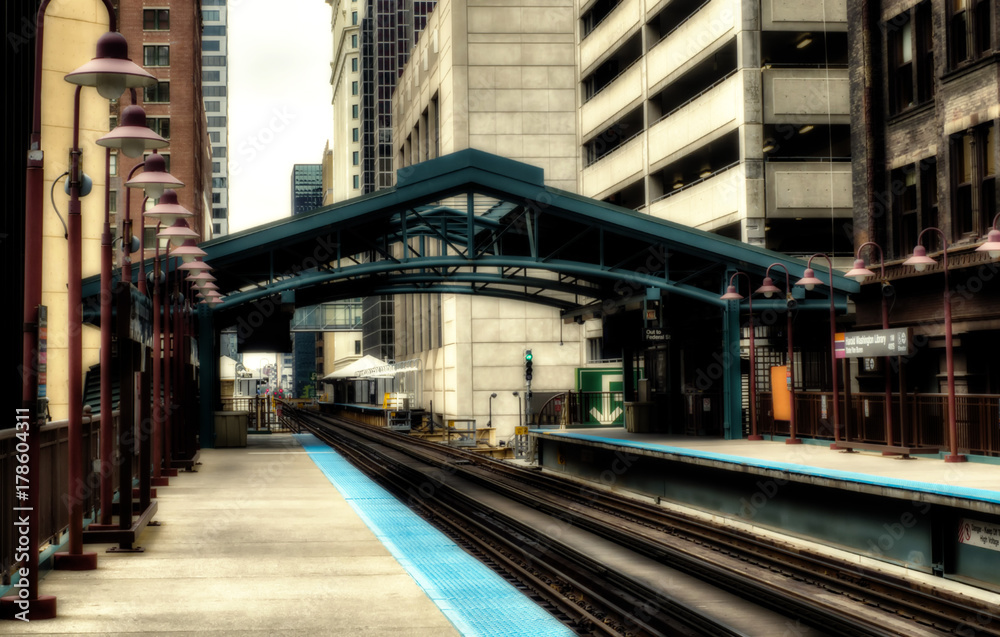 Metro station surrounded by buildings at The Loop - Sepia Glow Artistic Effect - Chicago, CHI, Illinois, USA