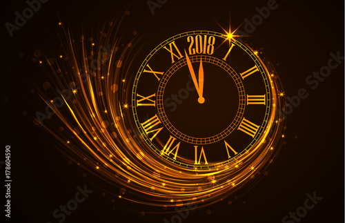 Happy New Year 2018, vector illustration Christmas background with clock showing year