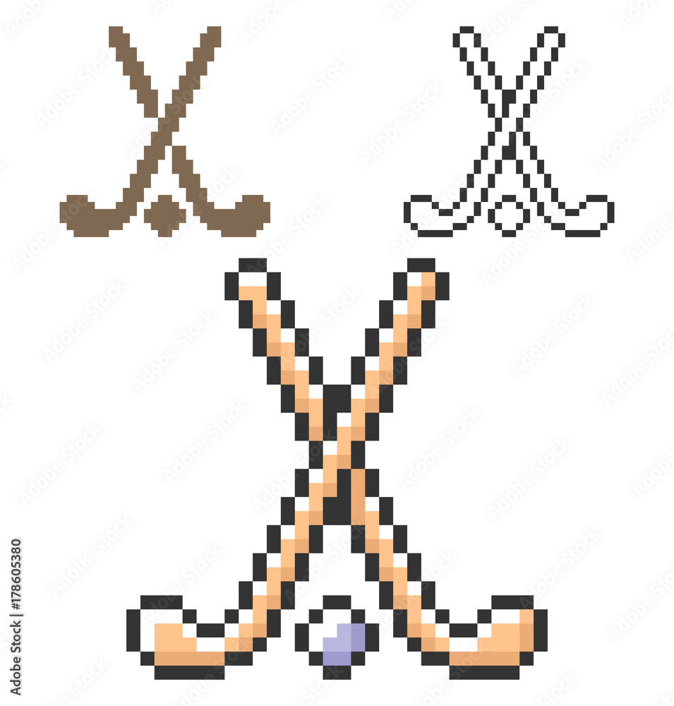 Pixel icon of field hockey in three variants. Fully editable