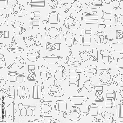 Vector seamless pattern with kitchenware and vegetables