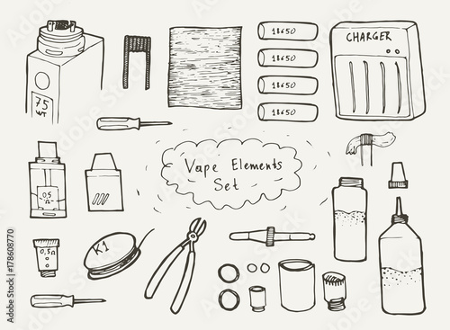 Set of vector doodle sketch vape elements