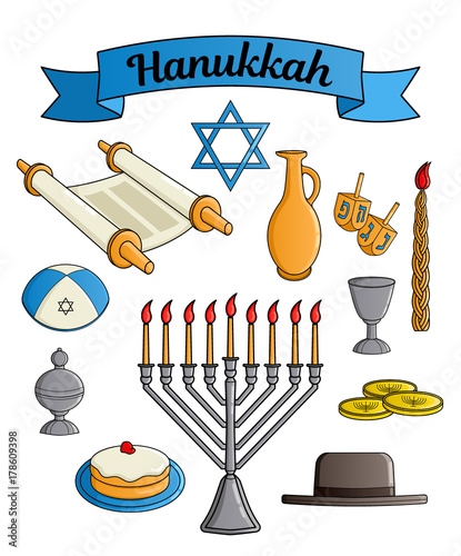 Icons collection of the Jewish holiday Hanukkah. Traditional candlestick, candle, star of David, hat, donut, cup of wine, jug of oil, top with Hebrew letters, Torah scroll, incense box. Vector
