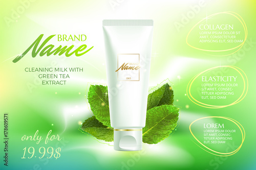 Advertising poster cosmetics shampoo, lotion, shower gel with extract or mint flavor. Mock up for the promotion of cosmetics in catalogs, magazines on web sites