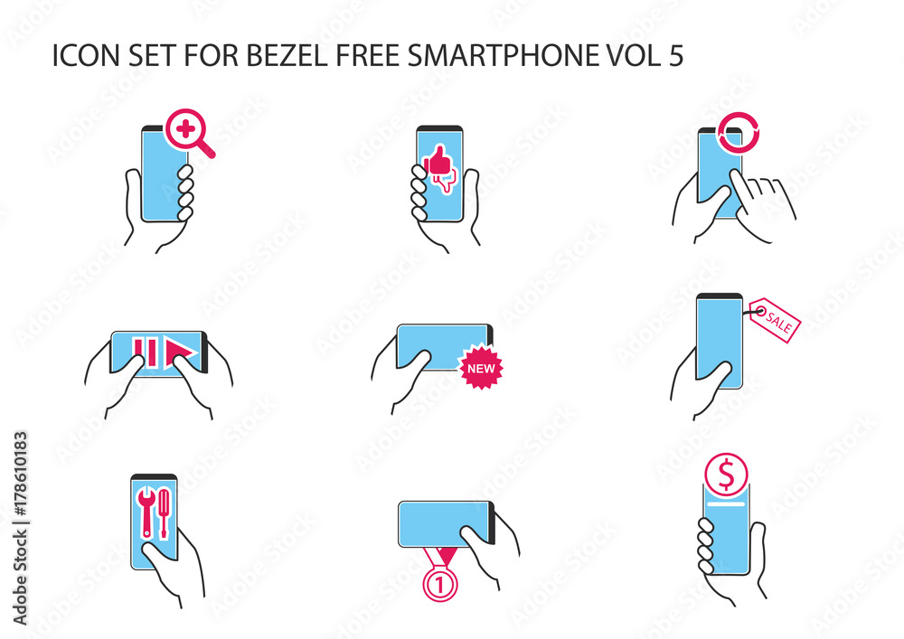Vector icon set of hand holding frameless smartphone in different positions with app symbols for like, dislike, streaming, online banking, new, synchronization, internet search, number one ranking.