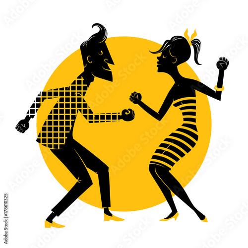 Twist_black/Silhouette of a dancing couple on a yellow background.