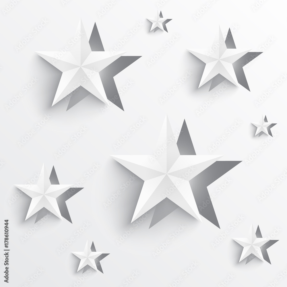 Obraz premium Paper cutout of star shape origami design with shadows and minimal white colors. Vector illustration of a festive geometric ornament design with stars.