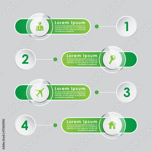 Toggle Switch design infographic template with four steps and plenty of space for text. Vector illustration of a 4 step green energy infographic with icons and shiny buttons.