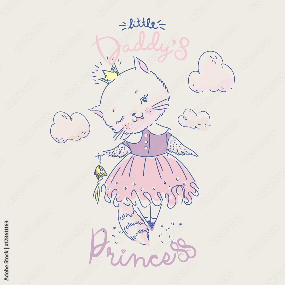 Cute cat princess with gold fish and slogan. Vector baby illustration for fashion apparels, t shirt and printed design. Cute cat princess with gold fish and slogan. Vector baby illustration for fashion apparels, t shirt and printed design.