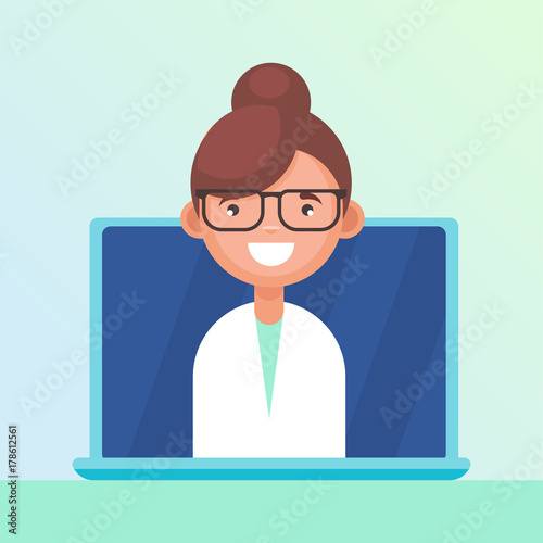 Horisontal online consultation banner with the doctor. The nurse answers questions in the laptop. 