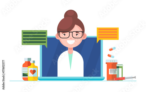 Horisontal online consultation banner with the doctor. The nurse answers questions in the laptop. On the table Pills and medications and recipes