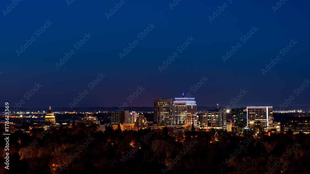 Night view of Boise Idaho with blue sky