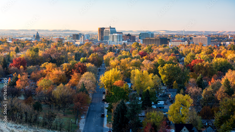 City of trees Boise Idaho skyline in full fall color