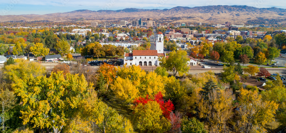 City of Boise Idaho skyline with fall colors and train depot
