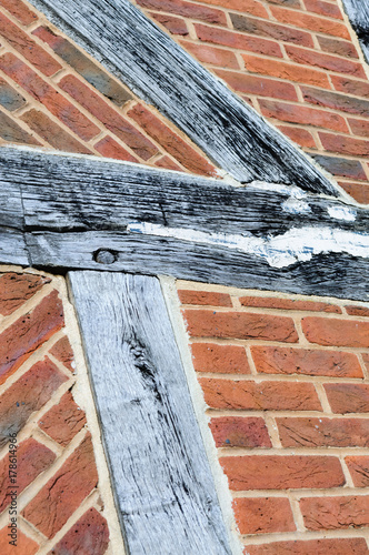 Traditional English oak wood timber framed brick construction, with wooden pins