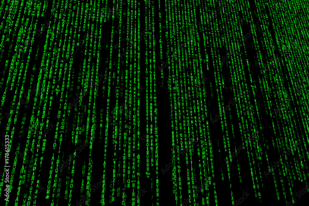 Binary code, green digits on computer screen. Vertically fallen digits background