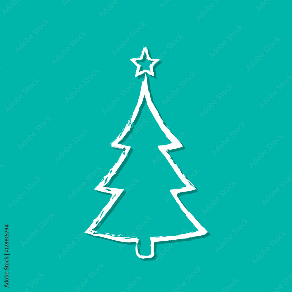Christmas tree icon in grunge style on blue background, vector decoration element. White symbol of fir-tree Christmas tree icon in grunge style on blue background, vector decoration element. White symbol of fir-tree