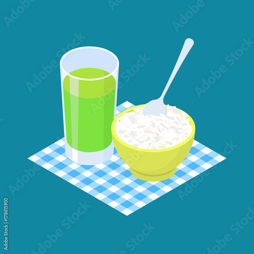 Basmati rice Porridge and fruit juice. Breakfast Healthy food. Vector illustration