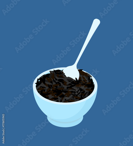 Bowl of black rice porridge and spoon isolated. Healthy food for breakfast. Vector illustration