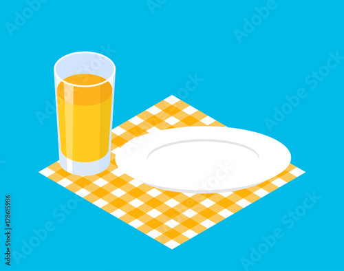 Breakfast template. Glass juice and empty plate. Vector illustration