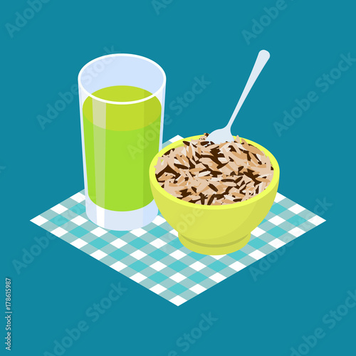 Wild rice Porridge and fruit juice. Breakfast Healthy food. Vector illustration
