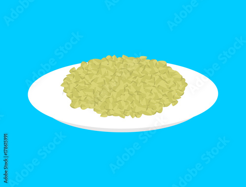 Green buckwheat cereal in plate isolated. Healthy food for breakfast. Vector illustration