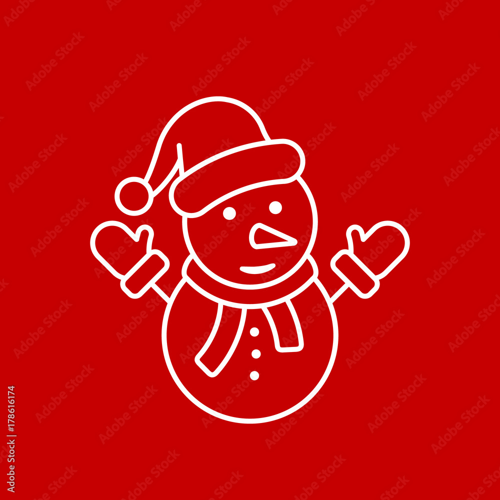Snowman line icon, vector outline symbol isolated on red background. Snowman with hat flat silhouette illustration Snowman line icon, vector outline symbol isolated on red background. Snowman with hat flat silhouette illustration