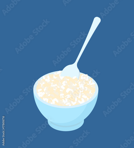 Bowl of round rice porridge and spoon isolated. Healthy food for breakfast. Vector illustration