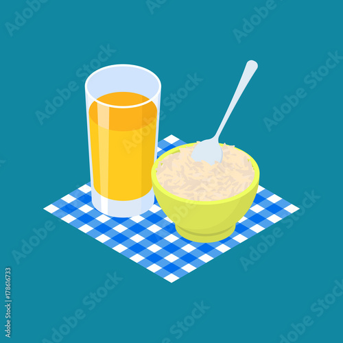 Parboiled rice Porridge and fruit juice. Breakfast Healthy food. Vector illustration