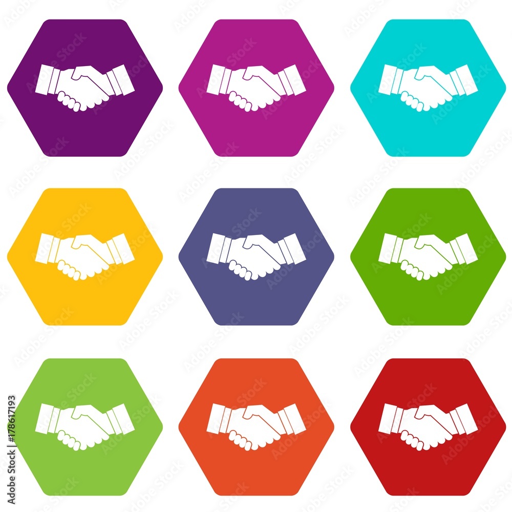 Handshake icon set color hexahedron Handshake icon set color hexahedron