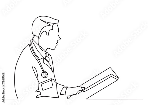continuous line drawing of doctor reading papers