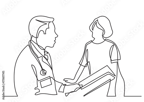 continuous line drawing of doctor consults with patient