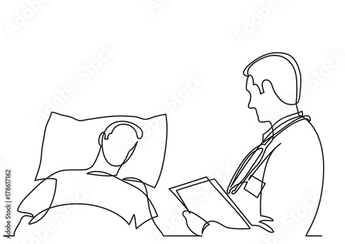 continuous line drawing of doctor talking with patient lying in bed