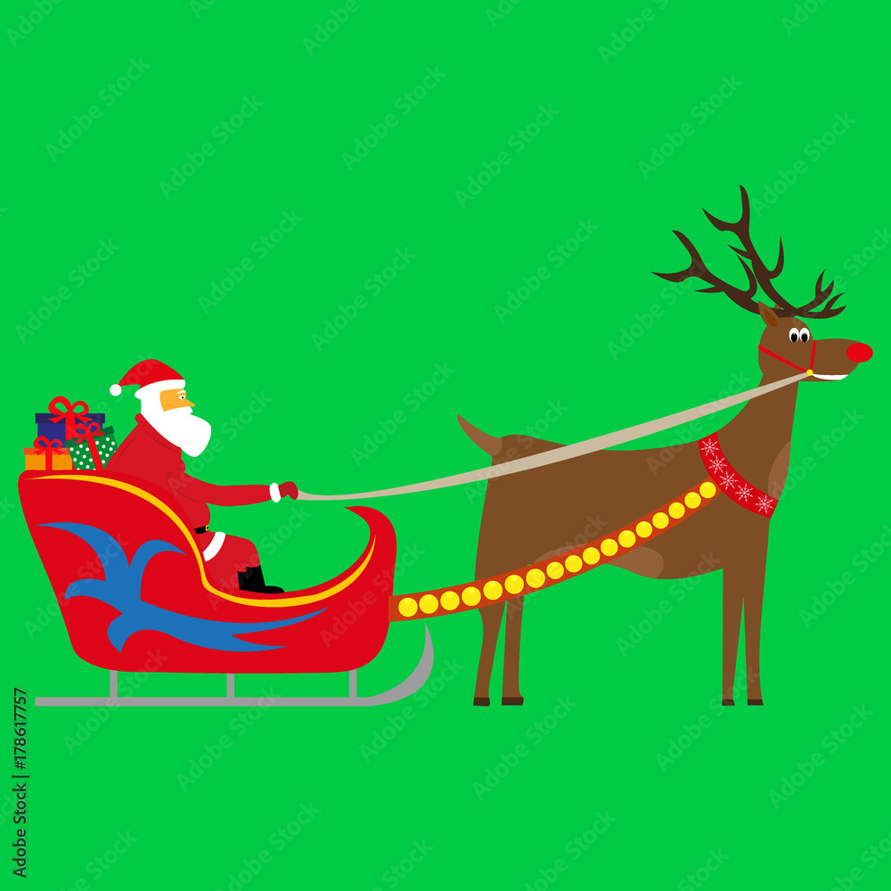 Santa Claus carries gifts in a sleigh