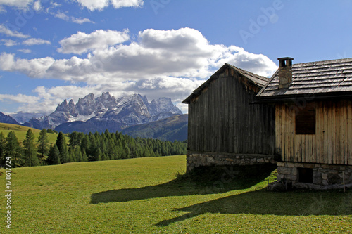 fienili a Fuciade e Pale di San Martino; prima neve di settembre photo