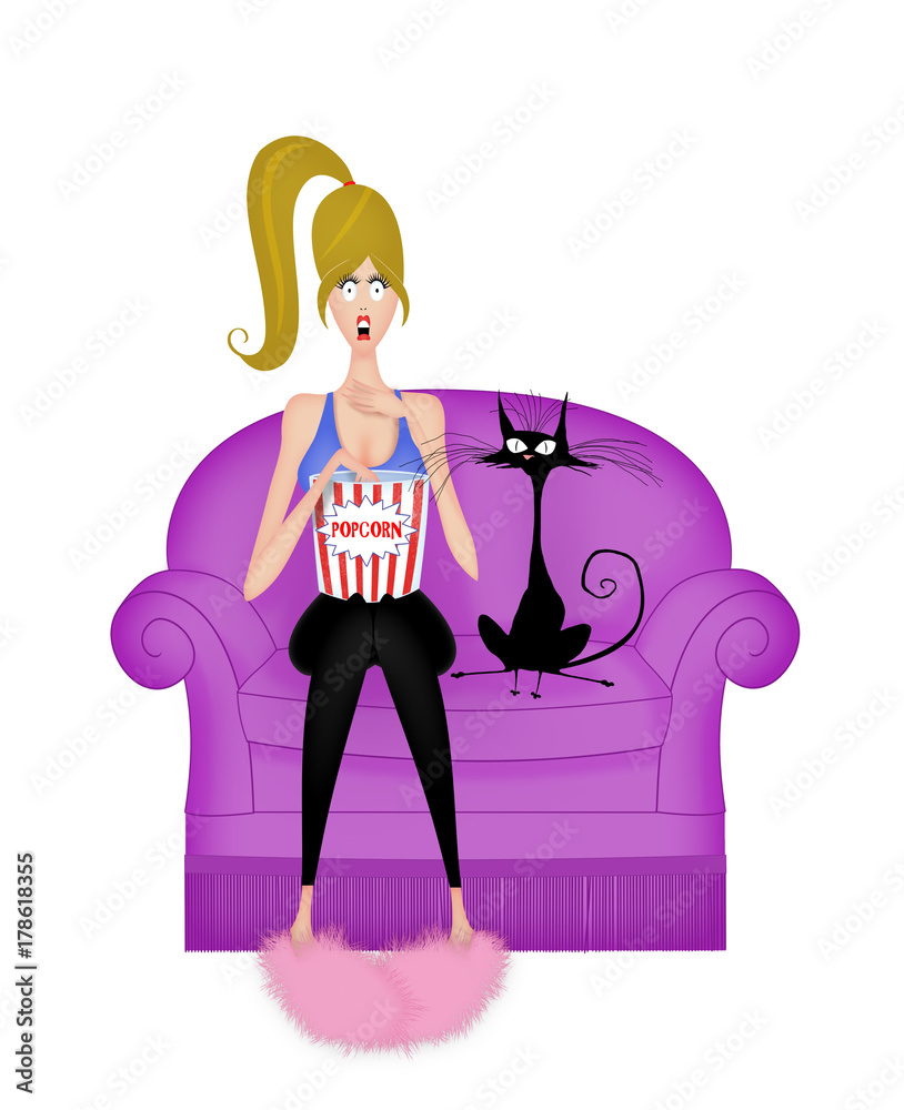 Fototapeta premium Cute Girl Watching a Scary Movie