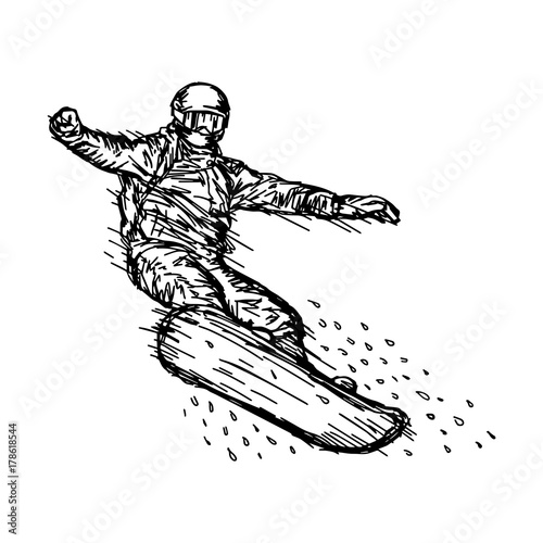Snowboarder jumping through air vector illustration sketch hand drawn with black lines, isolated on white background