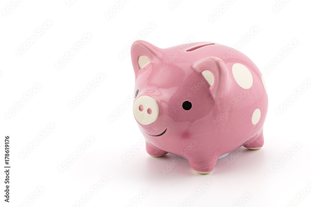 pink ceramic piggy bank isolated on white background, clipping part